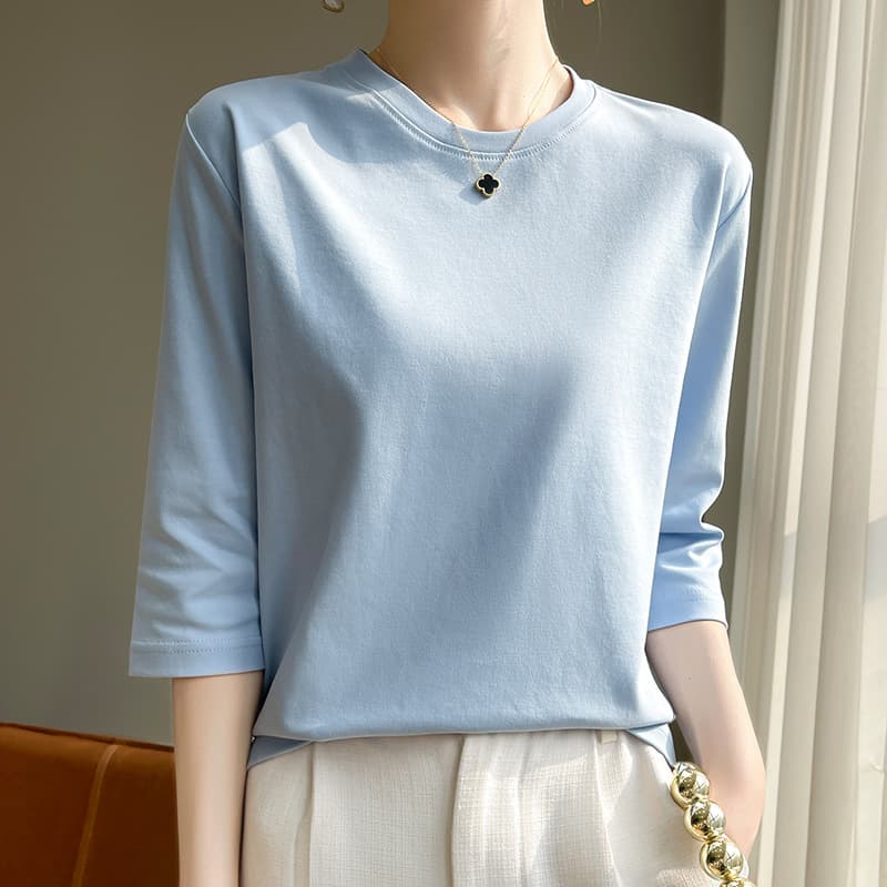 Round neck mercerized cotton three-quarter sleeve t-shirt for women 2024 spring and summer new temperament versatile cotton bottoming shirt half-sleeved for women