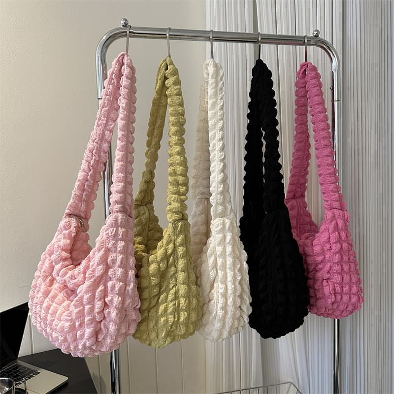 Folded Cloud Underarm Bag Pure Color Shoulder Bag Commuting Folded Bag Shopping Bag Girl's Heart City Simple Nylon Medium Square Bag Zipper Opening Soft Casual Travel