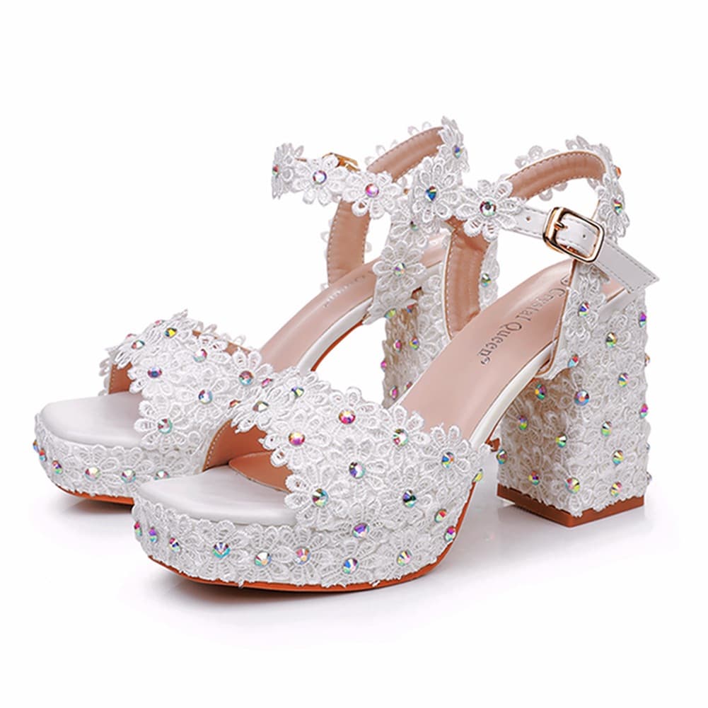 9cm Chunky Heel Peep Toe Platform Sandals, Round Toe Chunky Heel Sandals, White Lace Wedding Bridal Sandals