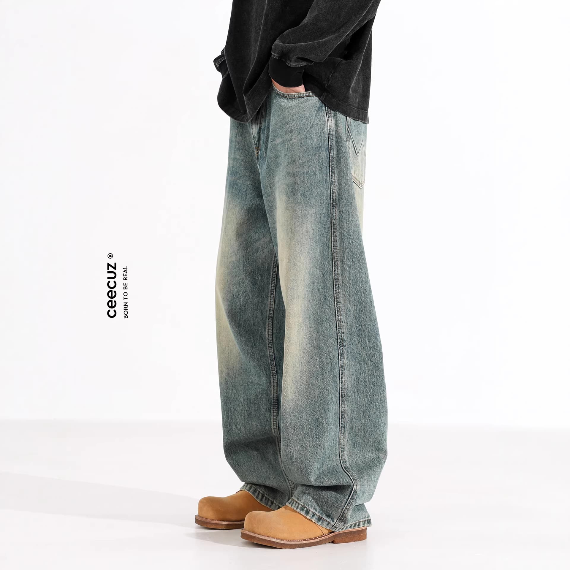 Ceecuz Vintage Washed Denim Jeans for Men, American Style Loose Baggy Wide Leg Casual Long Pants