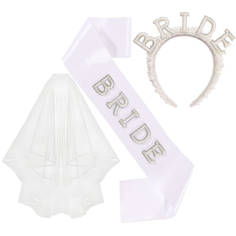 New Cross-border Amazon US/EU Bride Pearl Headband Letter Crown Headband with Veil Set for Wedding Party