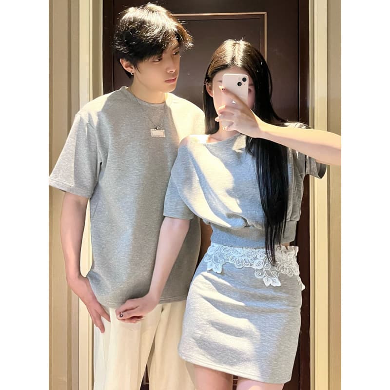 French couple's new summer style versatile loose high-end simple slimming lace simple splicing two-piece set for women