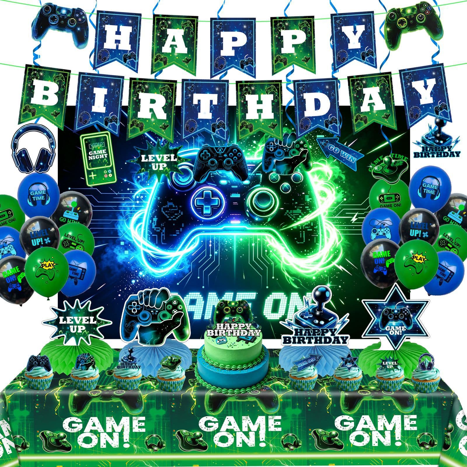Gaming Controller Boy Birthday Party Set GAME ON Bunting Backdrop Balloon Tablecloth Decorations
