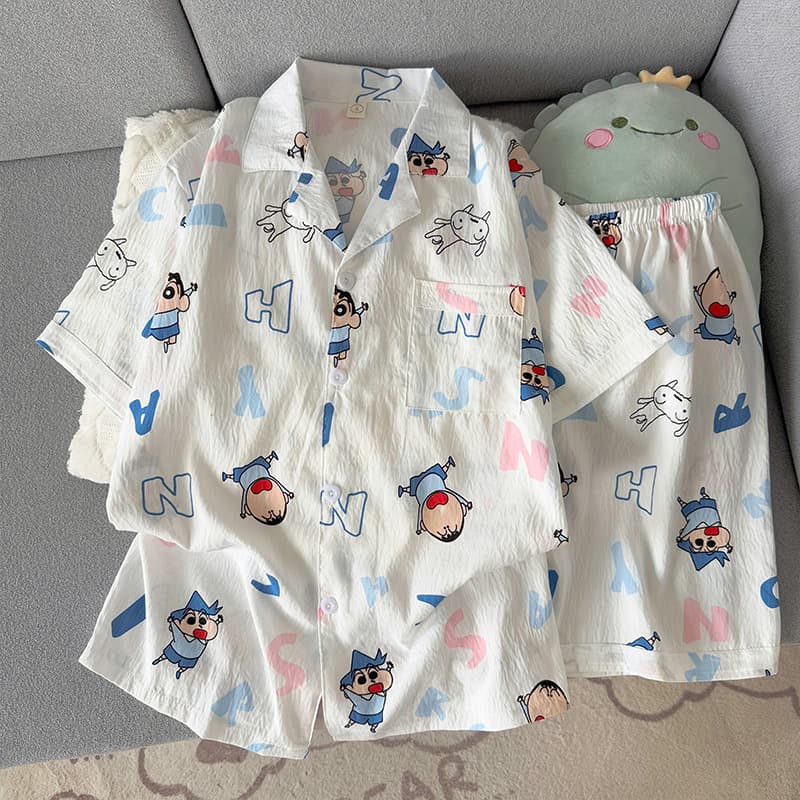 Summer Pajama Set for Men - Lightweight Cloud Cotton Short Sleeve Cardigan with Shorts, Cartoon Print, Wearable Outdoors, 2-Piece Loungewear Set