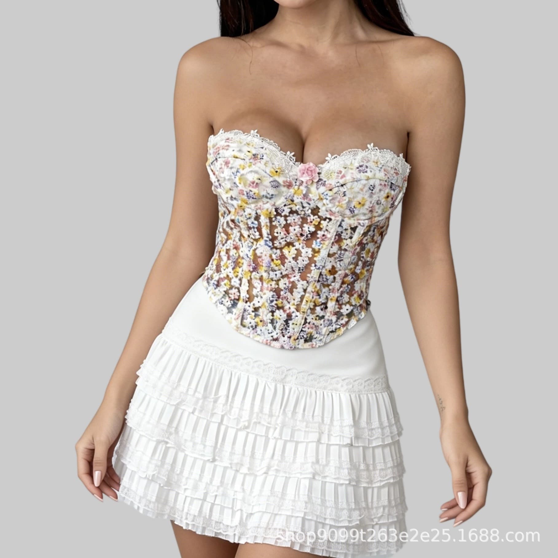 New INS style hot and spicy flower embroidered steel ring fishbone bra gathered slim see-through rope tube top for women