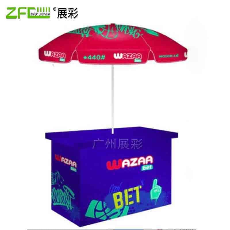 Outdoor ABS promotional table with advertising sunshade, movable tasting table, aluminum pull-out mesh, folding portable advertising table
