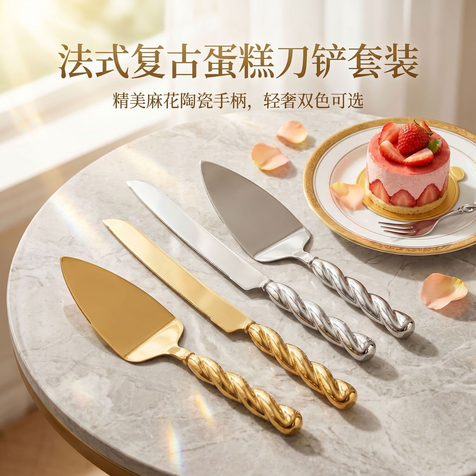 Cross-border 430 Stainless Steel Cake Knife and Server, Wedding Hotel Twisted Ceramic Handle Pizza Cutter Cake Server Baking
