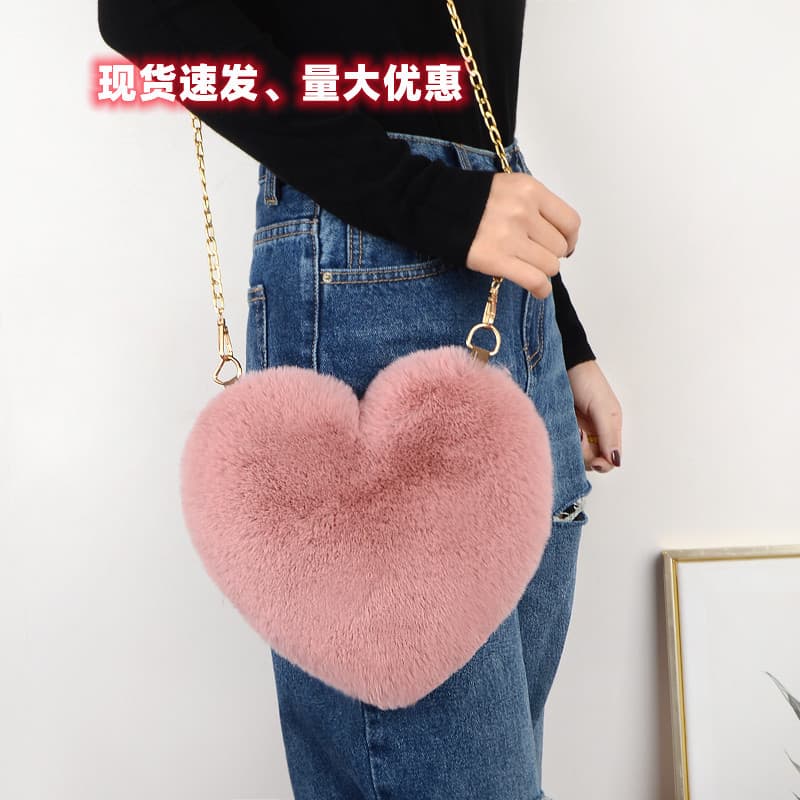 2025 New Faux Rabbit Fur Peach Cute Children's Heart-shaped Bag Shoulder Crossbody Chain Bag Fur Love Bag