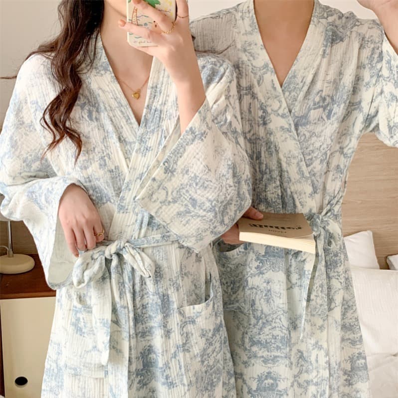 Pure Cotton Korean Style Autumn New Pajamas Women's Nightgown Cute Bear Bathrobe Kimono Outer Wear Loose Home Wear Bathrobe