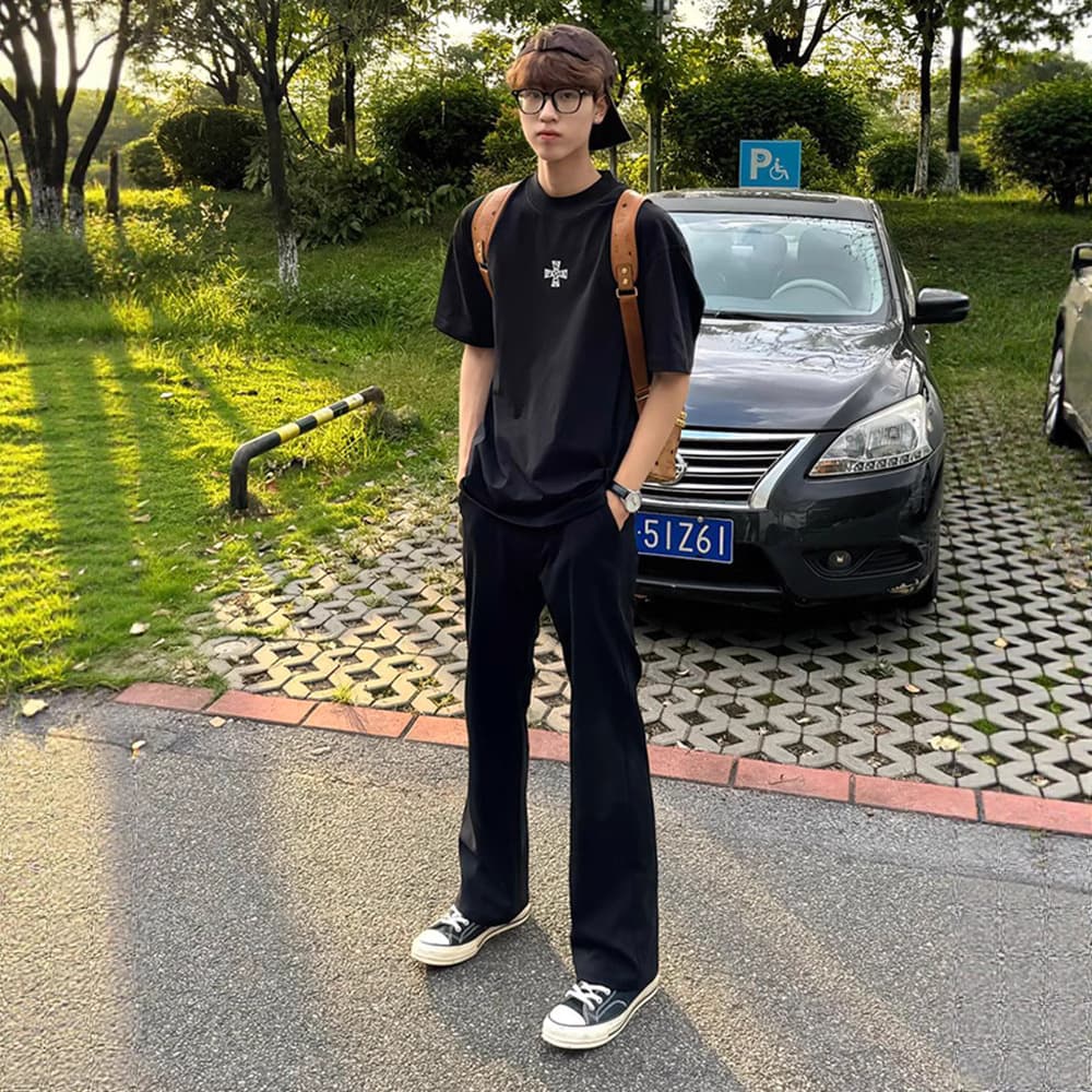 Black Ice-Silk Straight-Leg Trousers for Men Summer American-Style High-Rise Pants Cleanfit Cooling Quick-Dry Flared Pants