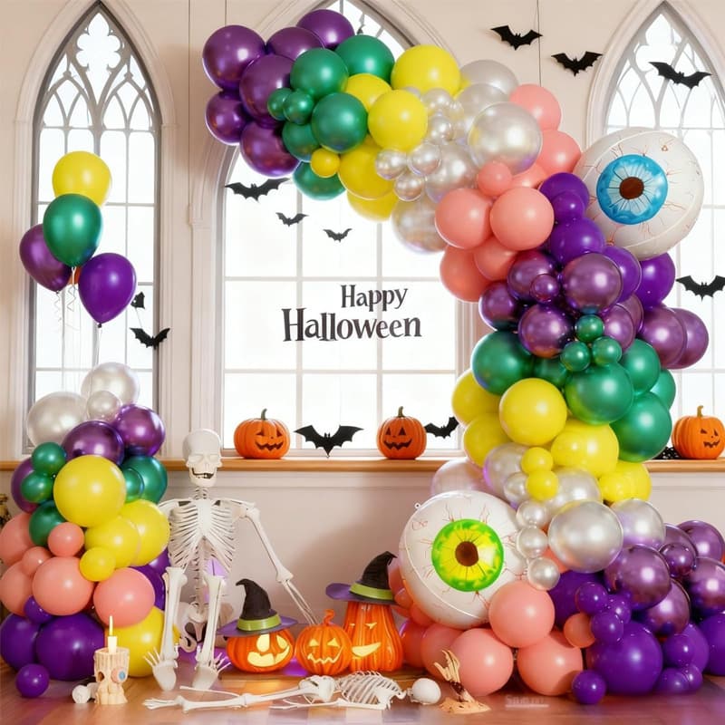 Purple Green Halloween Balloon Arch Set Skeleton Eyeball Bat Theme Party Haunted House Atmosphere Decoration Balloon Garland