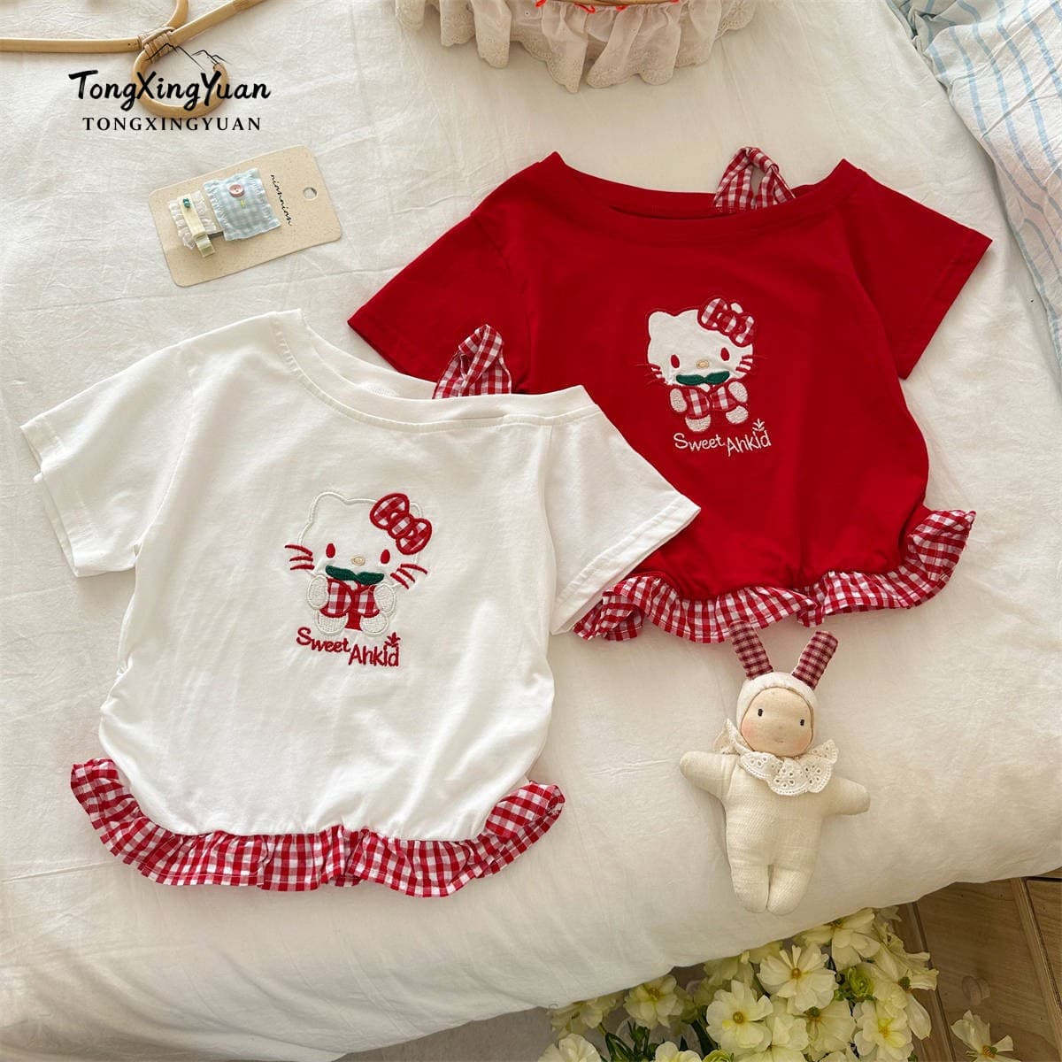 2026 Summer New Girls Hello Kitty Short Sleeve T-Shirt Korean Style Fashionable Top Cute Summer Trendy Tee