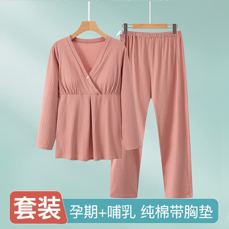 Nursing Homewear Set with Built-in Bra Pads, Cotton Plus Size Maternity Pajamas Long Sleeve Spring Summer Autumn Wholesale
