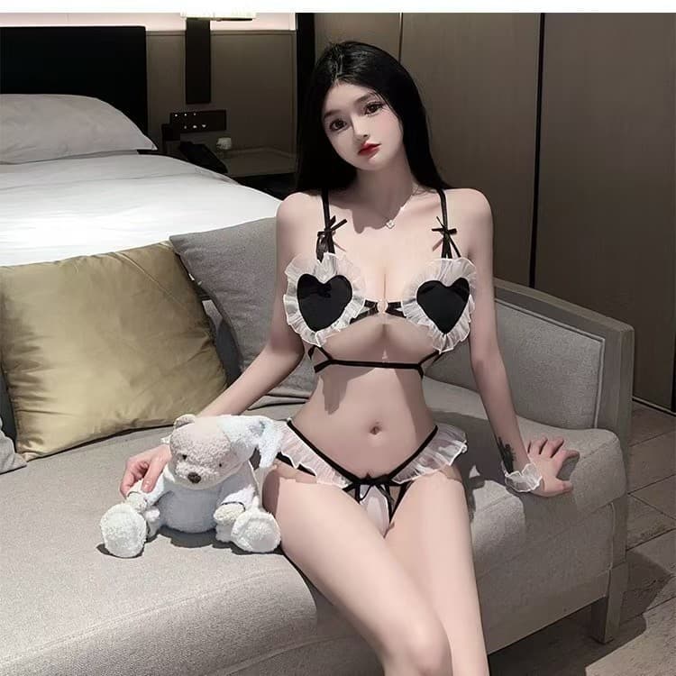Sexy Lingerie Maid Heart-shaped Three-point Role Play Pure Desire Non-removable Uniform Set Temptation QQ Lingerie