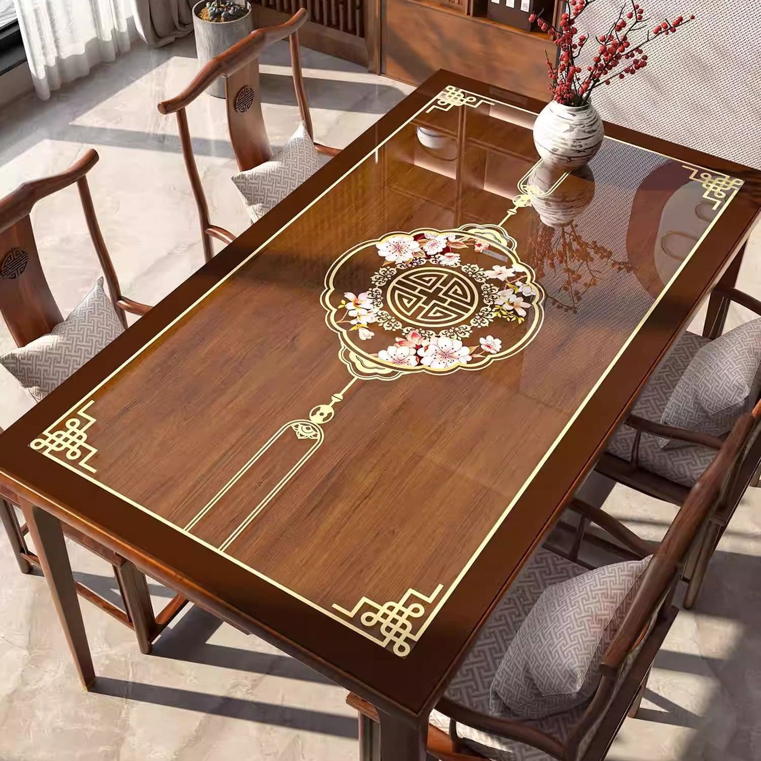 New Chinese Style Table Mat Waterproof Oil-Proof Heat-Resistant No-Wash Classic Soft Glass Table Cloth Living Room Transparent Table Cover