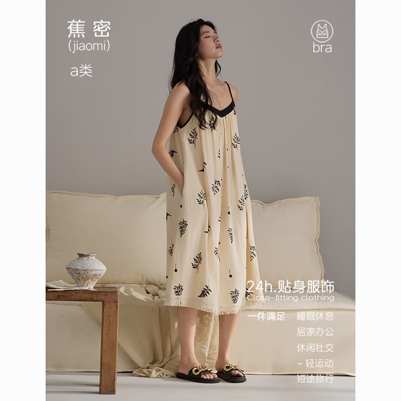 【Bamboo Fiber】Padded Sleep Dress for Women Summer Loose Camisole Dress Wabi-Sabi Style Bamboo Cotton Midi Dress Women's Pajamas
