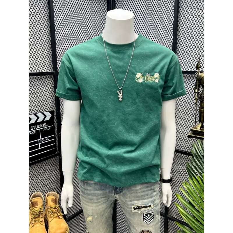 American tie-dye embroidered short-sleeved T-shirt for men, summer trendy round neck, versatile youth half-sleeved casual tops