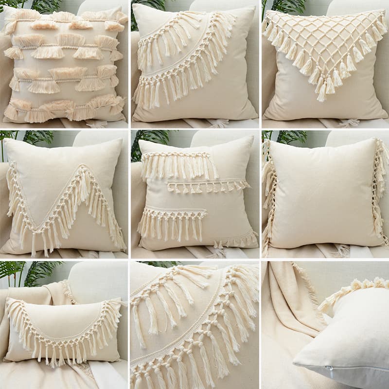 Bohemian Cotton Linen Tassel Pillowcase Sofa Cushion Cover Nordic Style Home Decorative Throw Pillowcase Available in Beige