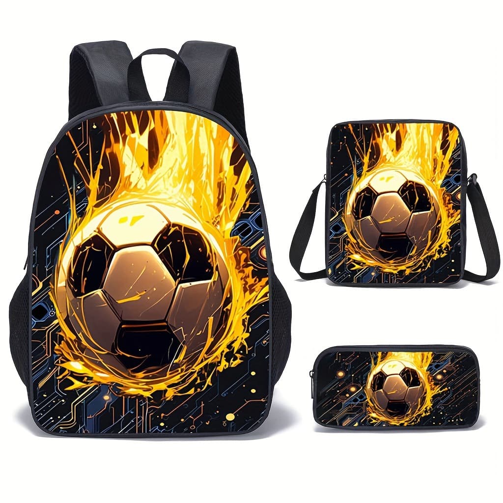 Cross-Border Hot Selling Flame Football Backpack Set of Three, Large Capacity Printed Backpack for Primary School Students, Messenger Bag, Crossbody Bag