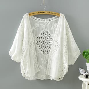 Real Shot Summer Shawl Women Lace Shirt Vacation Sun Protection Hollow Thin Top Short Batwing Sleeve Cardigan
