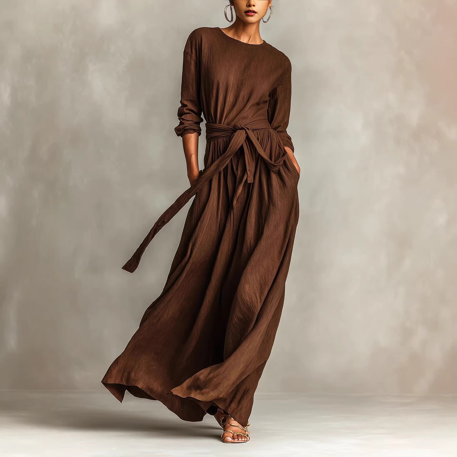 2026 Spring/Fall New Arrival Women's Elegant Brown Woven Long-Sleeve Round Neck Dress for Europe and America Cross-Border