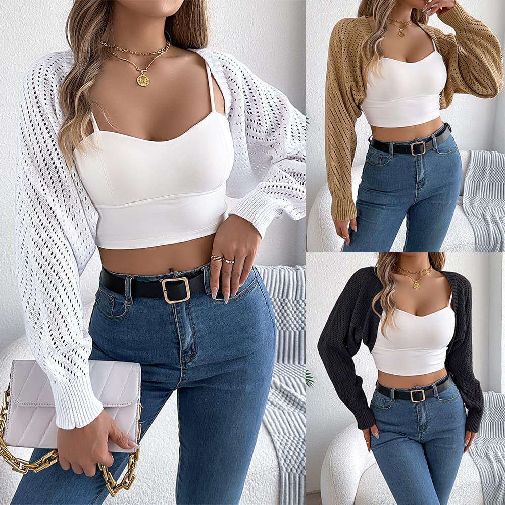 Actual shot of spring and summer European and American casual solid color hollow lantern sleeve shawl sweater jacket independent station cross-border women's clothing