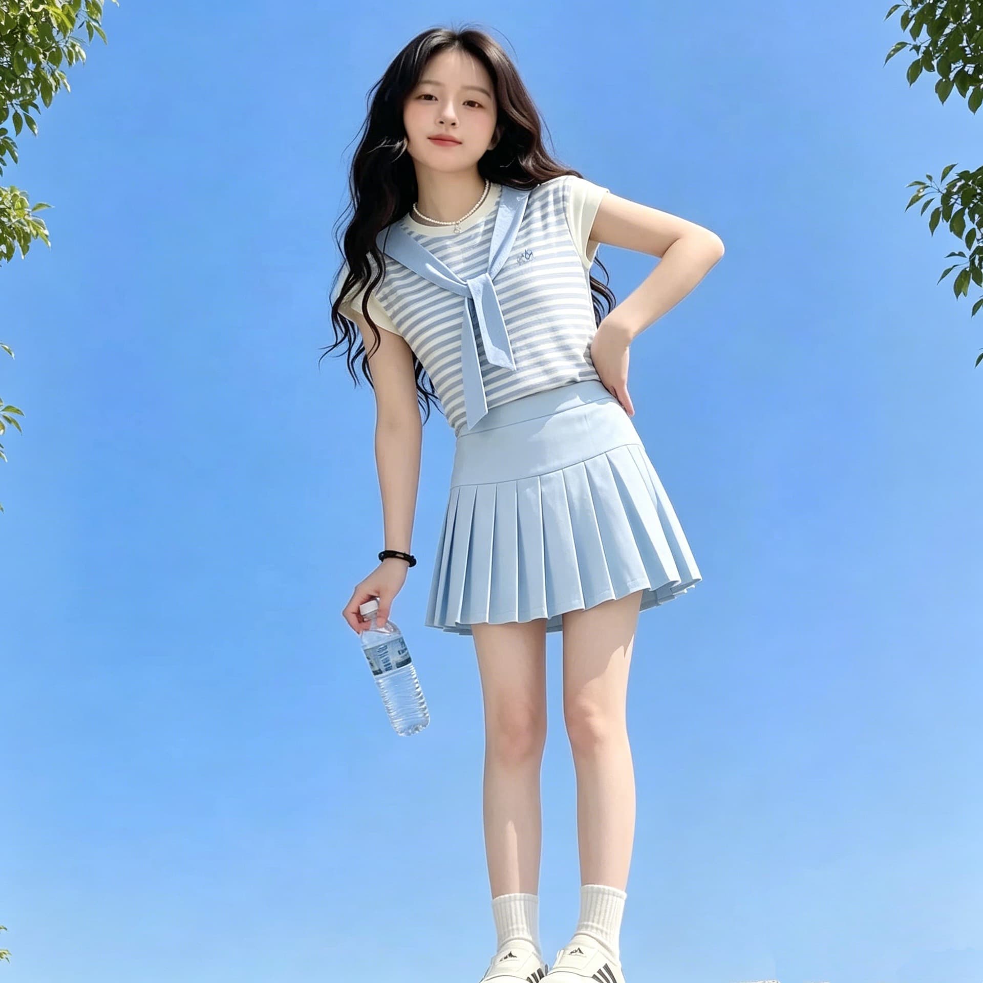 Girls summer college style skirt suit Korean style fresh and sweet pleated skirt shawl T-shirt casual two-piece suit