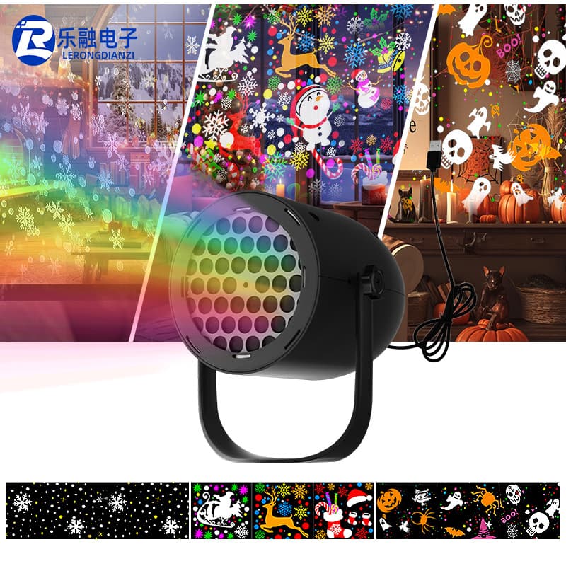 Cross-border Hot-selling Round Cup Light Christmas Snowflake Halloween 16-Pattern Projection Lamp USB Plug-in LED Party Holiday