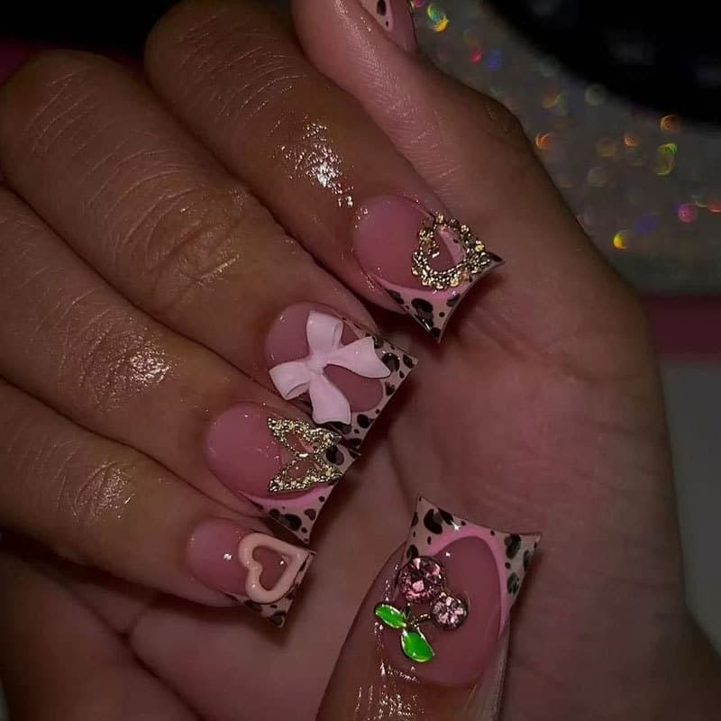 Cross-border hot-selling leopard print nail art, fashionable square short style with bow, heart, and cherry press-on nails wholesale