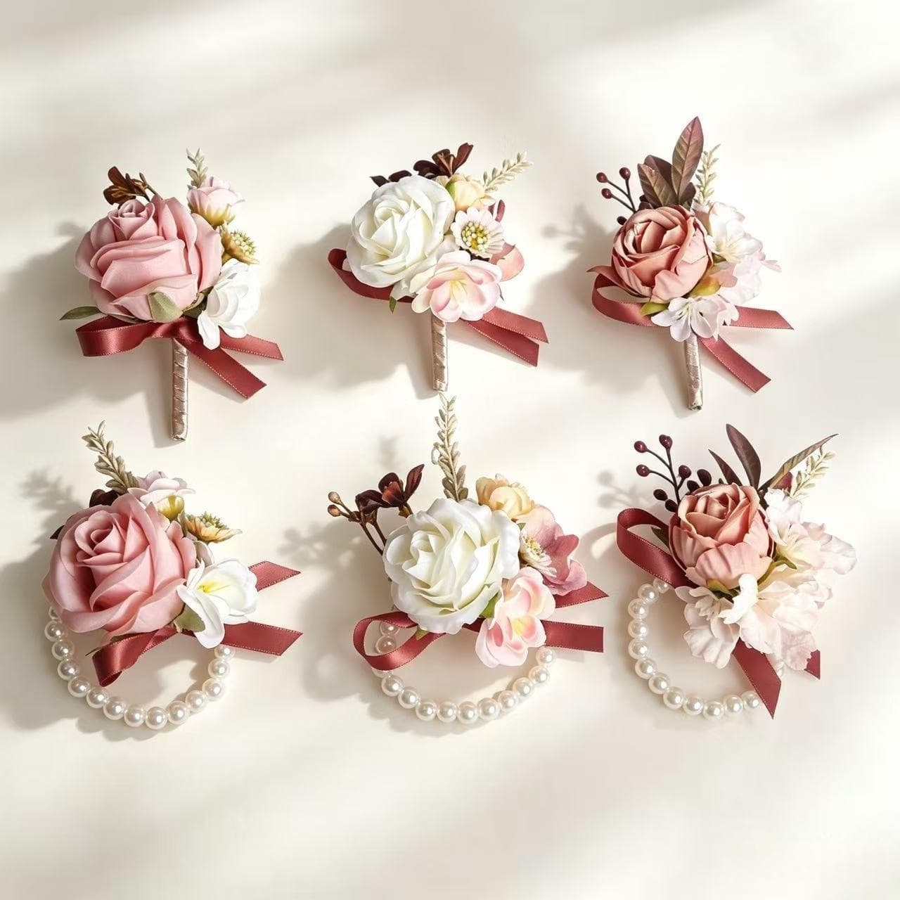 Pink and white rose bride bridesmaid wedding wrist flower groom groomsman father mother guest meeting business corsage