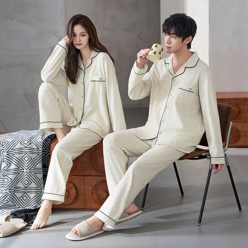【7A Antibacterial】Couple Pajamas Women's Spring/Autumn Long Sleeve Cardigan Notched Collar Solid Color Plus Size Wearable Out Homewear Men