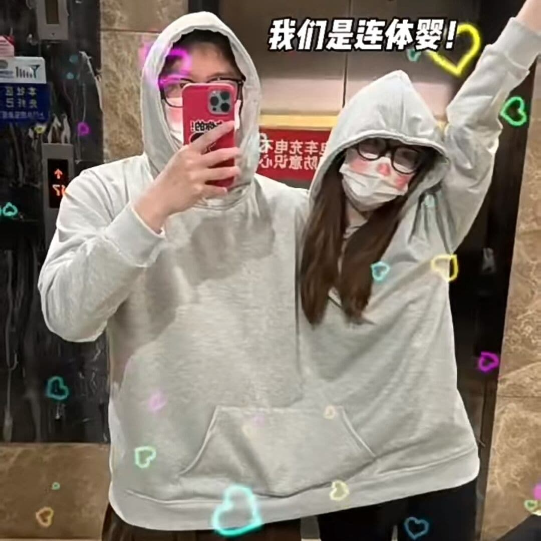 Creative Couple Double-sided Hooded Sweatshirt Intimate Solid Color Loose-fit Thick Sweatshirt Grey Couple Hoodies