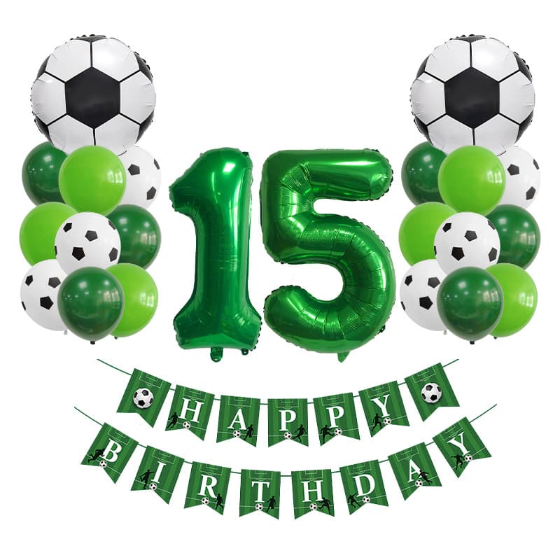 32-Inch Green Digital Soccer Foil Balloon Set with Happy Birthday Banner for Birthday Background Decoration