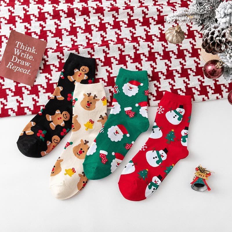 2024 Christmas socks for women, autumn/winter cartoon mid-calf socks featuring Santa Claus, reindeer, snowman, cute bright red socks, Instagram style.