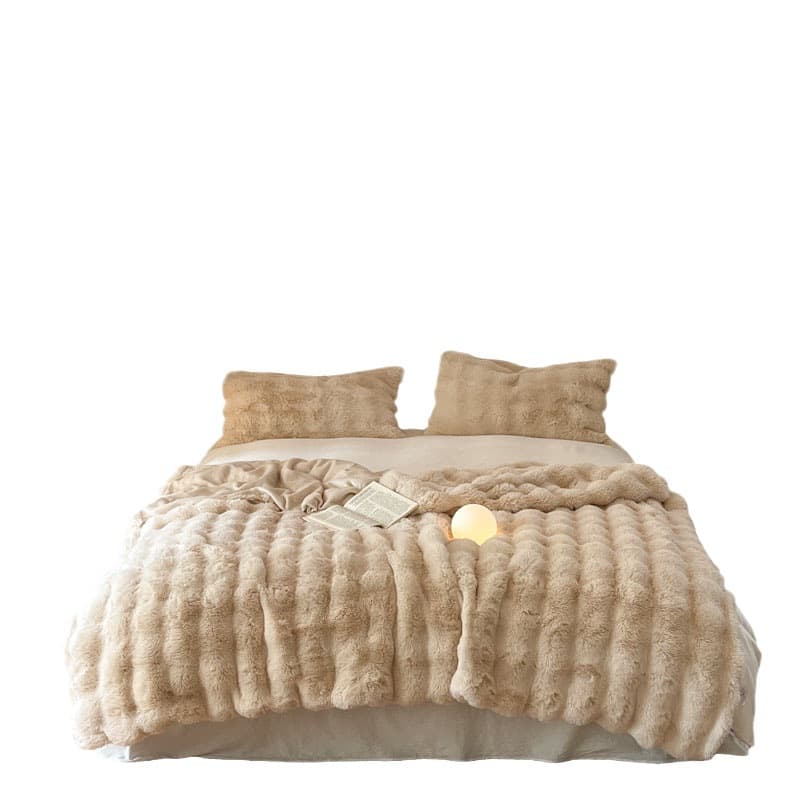 Autumn/Winter Double-Layer Faux Rabbit Fur Bubble Plush Nap Blanket, Office Wrap Shawl Blanket, Flannel Soft