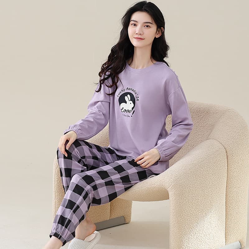Autumn Cotton Pajama Set for Women Long Sleeve Long Pants Thin Casual Cartoon Loungewear with Built-in Bra