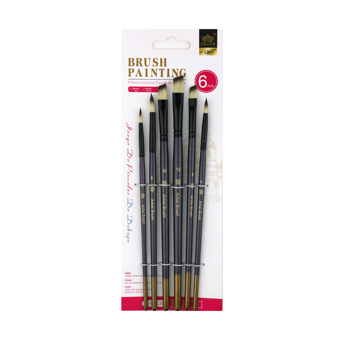 6-Pack Nylon Brush Wood Handle Watercolor Gouache Painting Brush Set for Art Acrylic Oil Painting Liner Flat Brushes