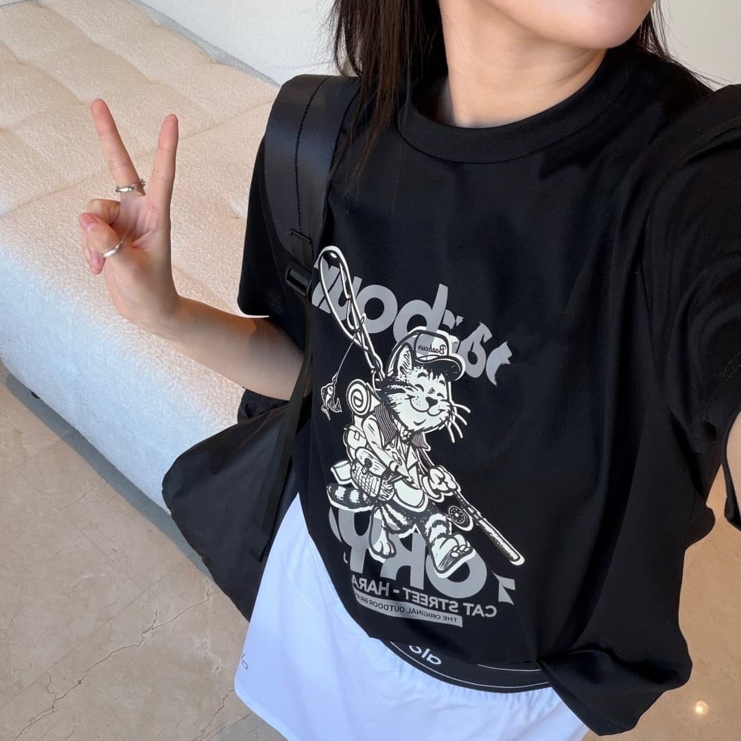 Limited Edition Collaboration Series Printed Loose Casual Barn-Style Cotton T-Shirt Top with Anime Print Cat Design for Women