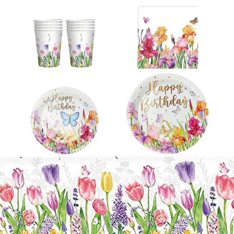 Tulip Flower Disposable Paper Plates Cups Napkins Tablecloth New Cross-Border Girl Birthday Party Supplies Decoration
