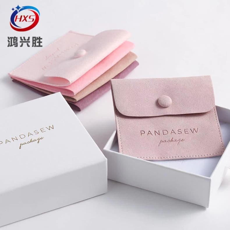 Ultra-fine fiber jewelry bag with snap button, specialized for necklaces and rings, used as exhibition display pouch