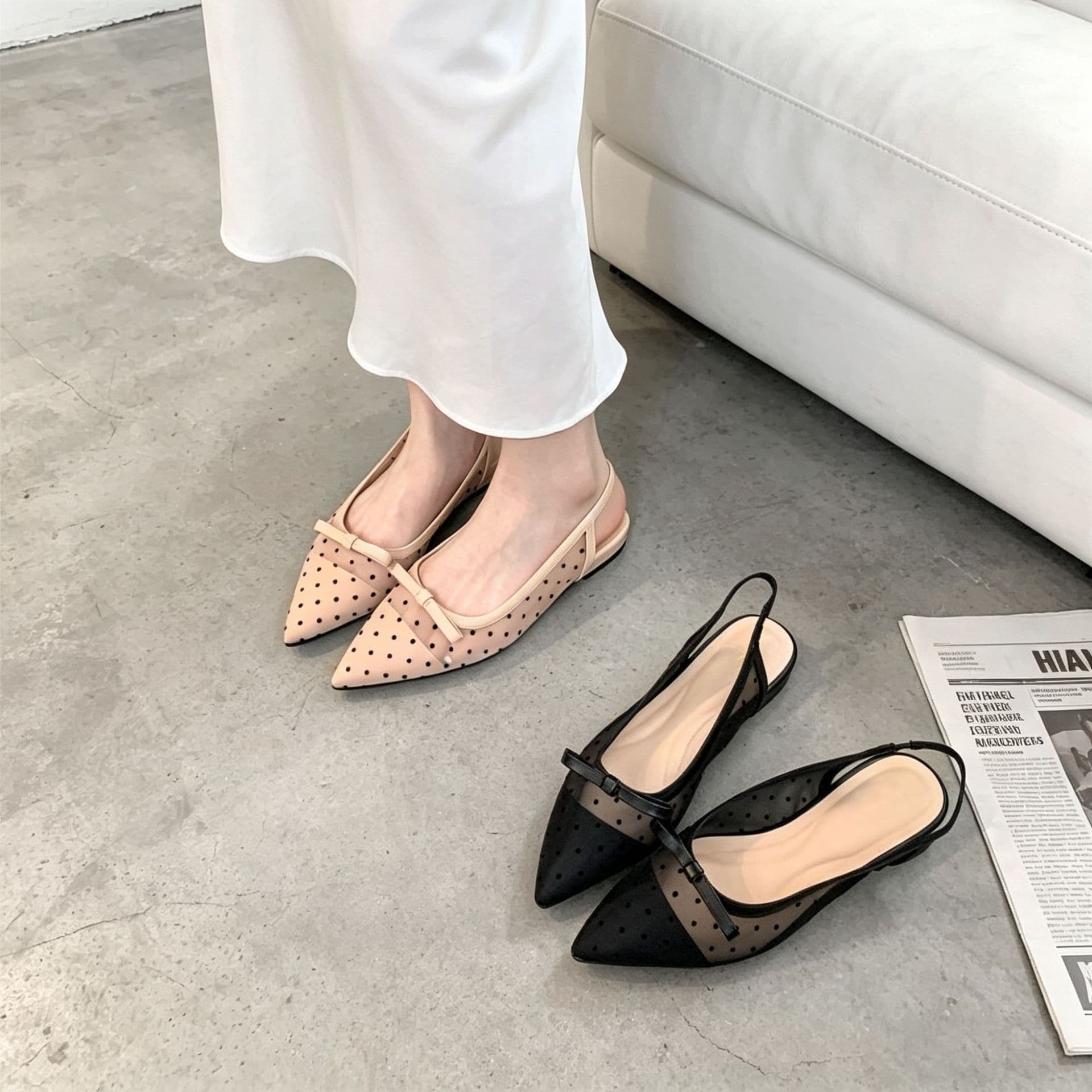 Commuter Polka Dot Closed-Toe Shoes, Elegant Pointed-Toe Bowknot High Heels, Breathable Mesh, New Korean Style Women's Shoes, Low Heel