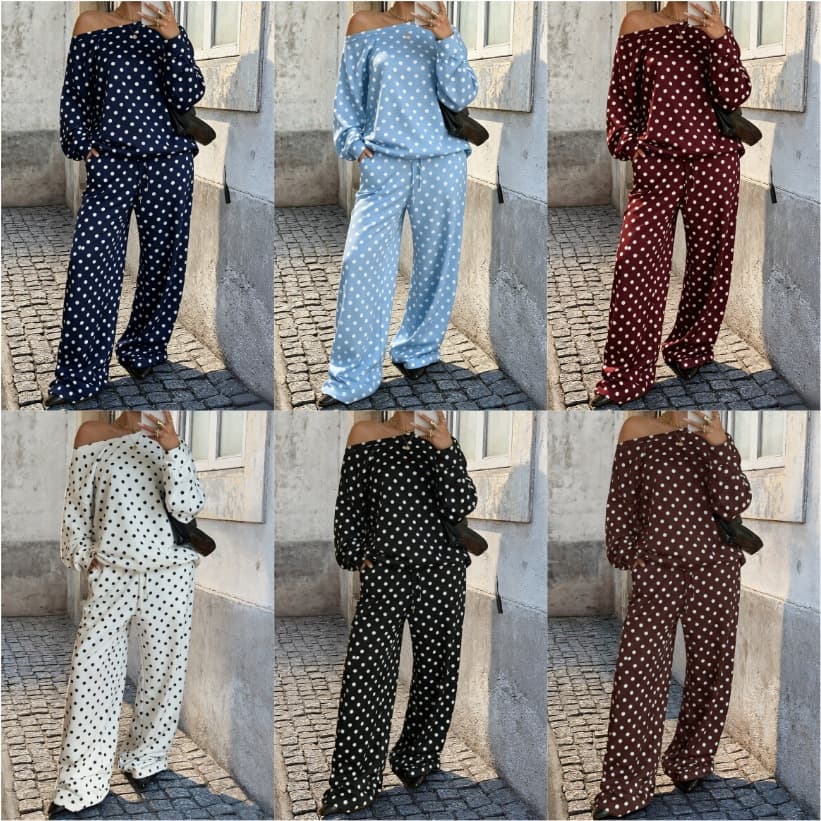 European and American foreign trade cross-border women's clothing polka dot personalized missing piece top casual mid-waist micro-elastic polka dot trousers suit