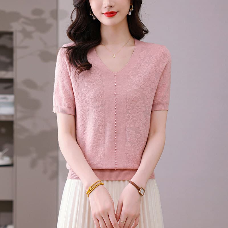 [Factory Direct Supply] V-neck Tencel Short-sleeved T-shirt Women's Summer New Solid Color Jacquard Ice Silk Sweater Top Trendy