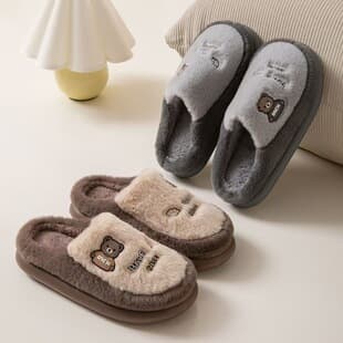 Cartoon Cotton Slippers for Women, New Autumn/Winter Indoor Home Plush Warm Thick Sole Non-Slip Couples Fleece-Lined Cotton Slippers for Men
