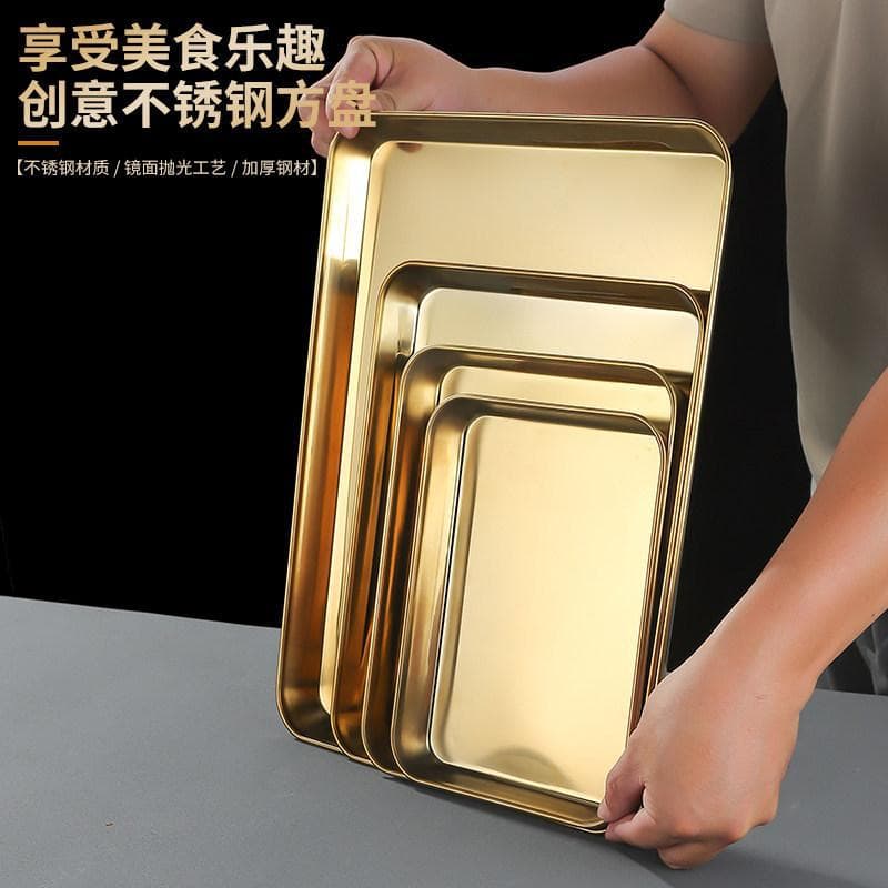 Stainless steel barbecue plate rectangular flat bottom brine plate tray snack plate golden Korean barbecue plate hot pot dish plate