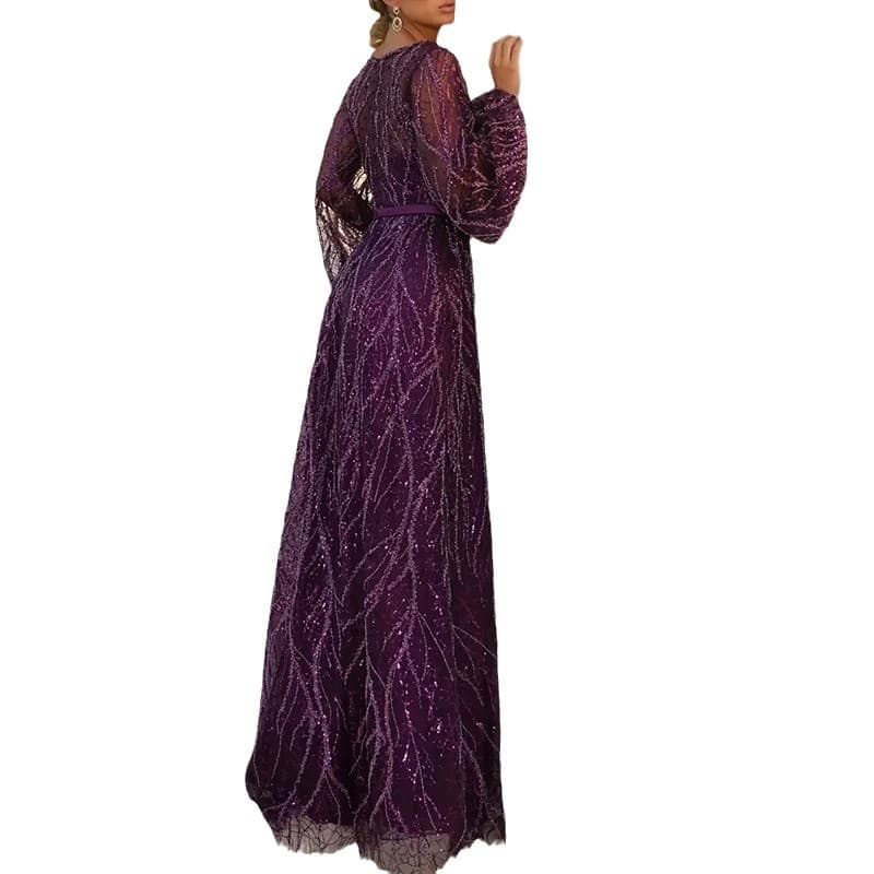 2025 Cross-border European and American Sequin Dress Simple V-Neck Fringe Beaded Tie Long Party Dress