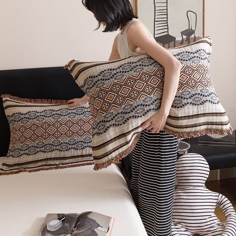Retro Nordic style pure cotton gauze fringe pillow cover pair set all-cotton yarn breathable sweat-absorbent anti-hair oil pillow towel