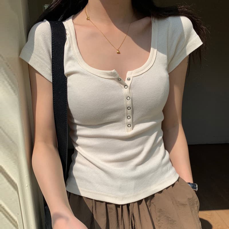 Threaded Cotton Button T-Shirt Women's Short Sleeve 2026 Summer New Square Neck Versatile Outerwear Slim Fit Top Base Tee