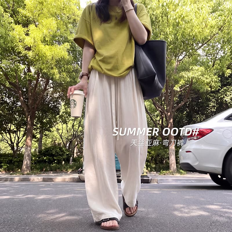 Fully Hemmed Tencel Linen Pants Women's Summer Thin Loose Slimming Wide Leg Pants Casual Old Money Style Women's Scimitar Pants