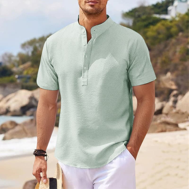 2025 European and American Men's Short Sleeve Stand Collar Button Down Pineapple Plaid Casual Shirt Top Wholesale